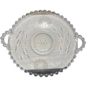 Hughes Cornflower Handled Plate Candlewick Border Etched Glass Serving Tray Vtg